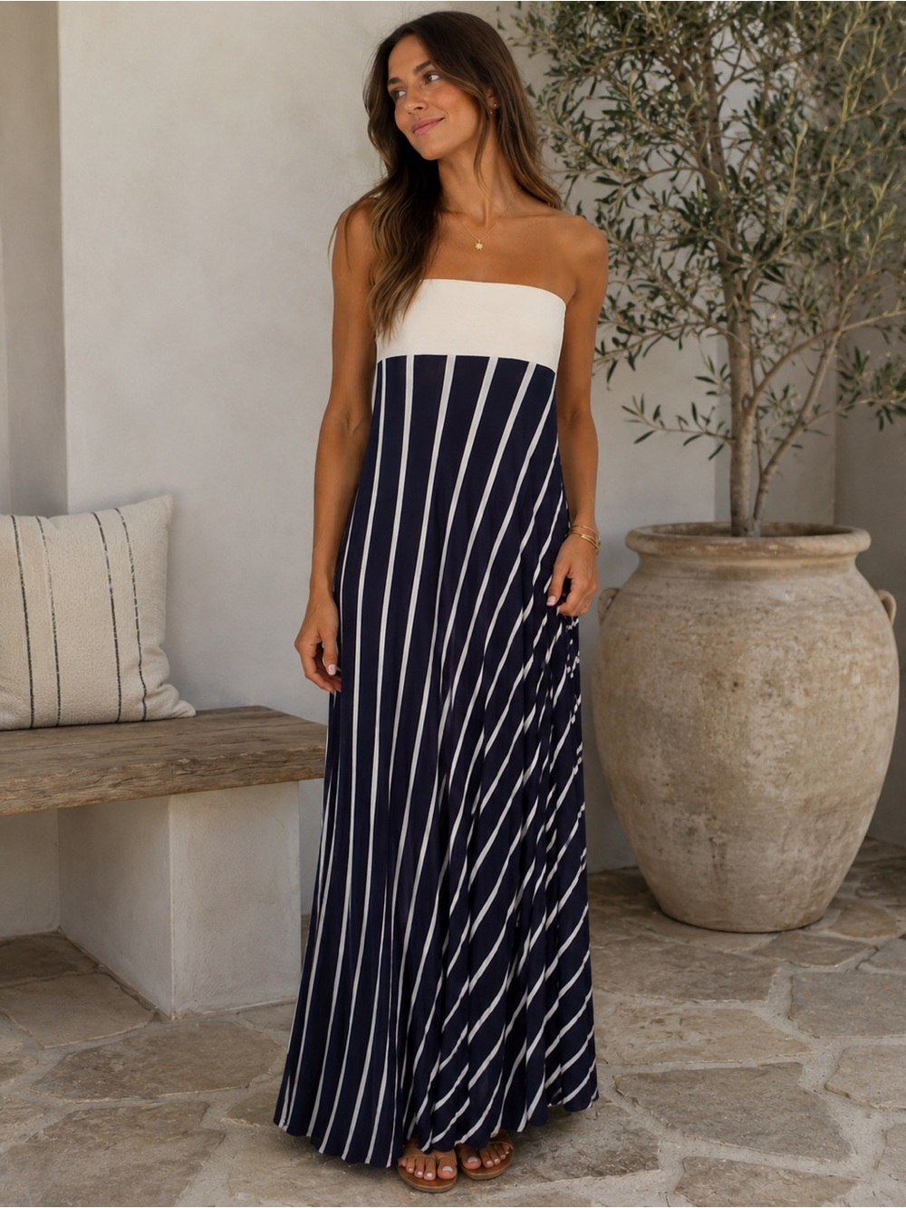 Navy & Ivory Strapless Maxi Dress | Flowy Resort Style